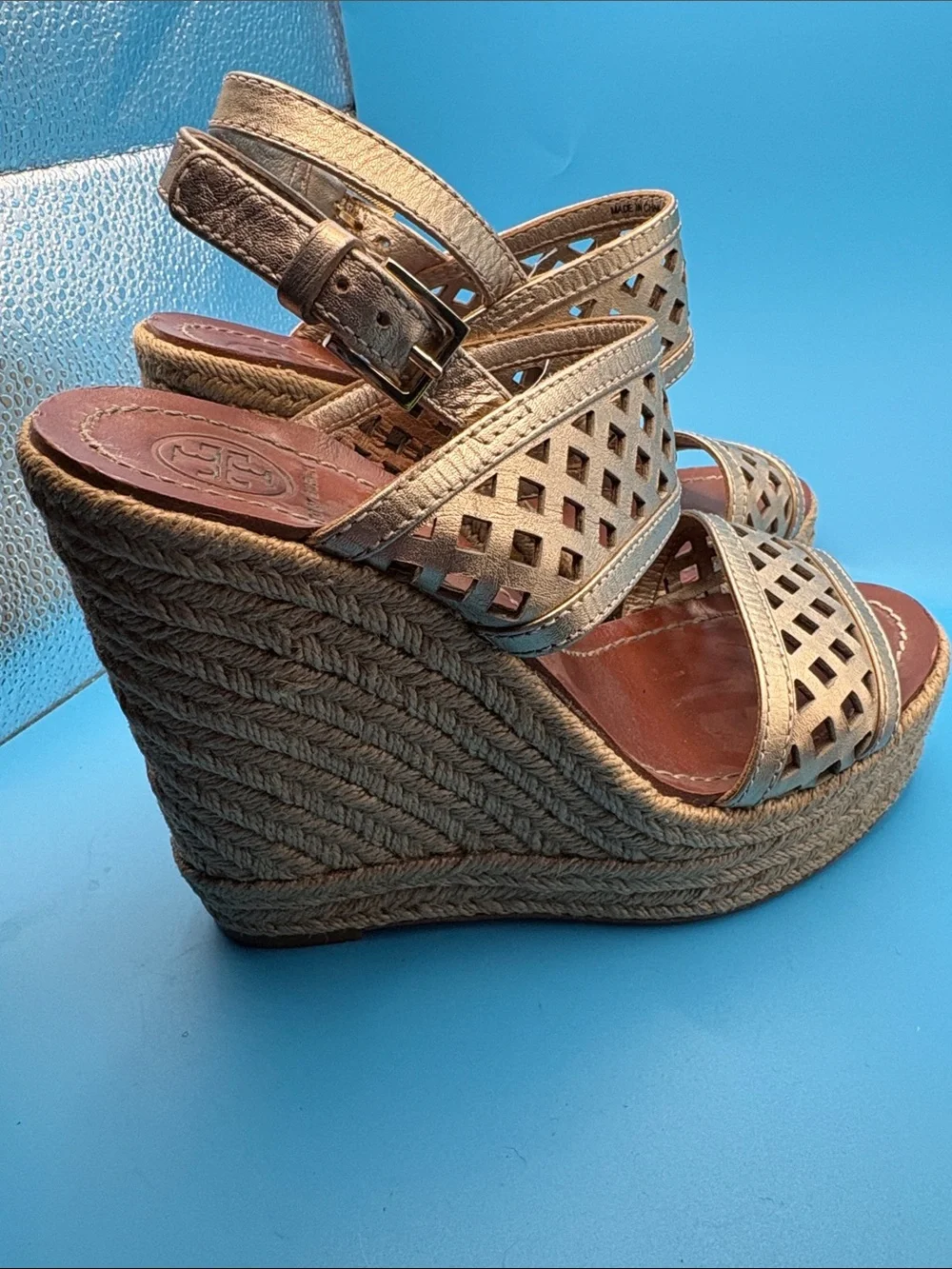 Tory Burch Metallic Bronze Laser-Cut Wedge Sandals